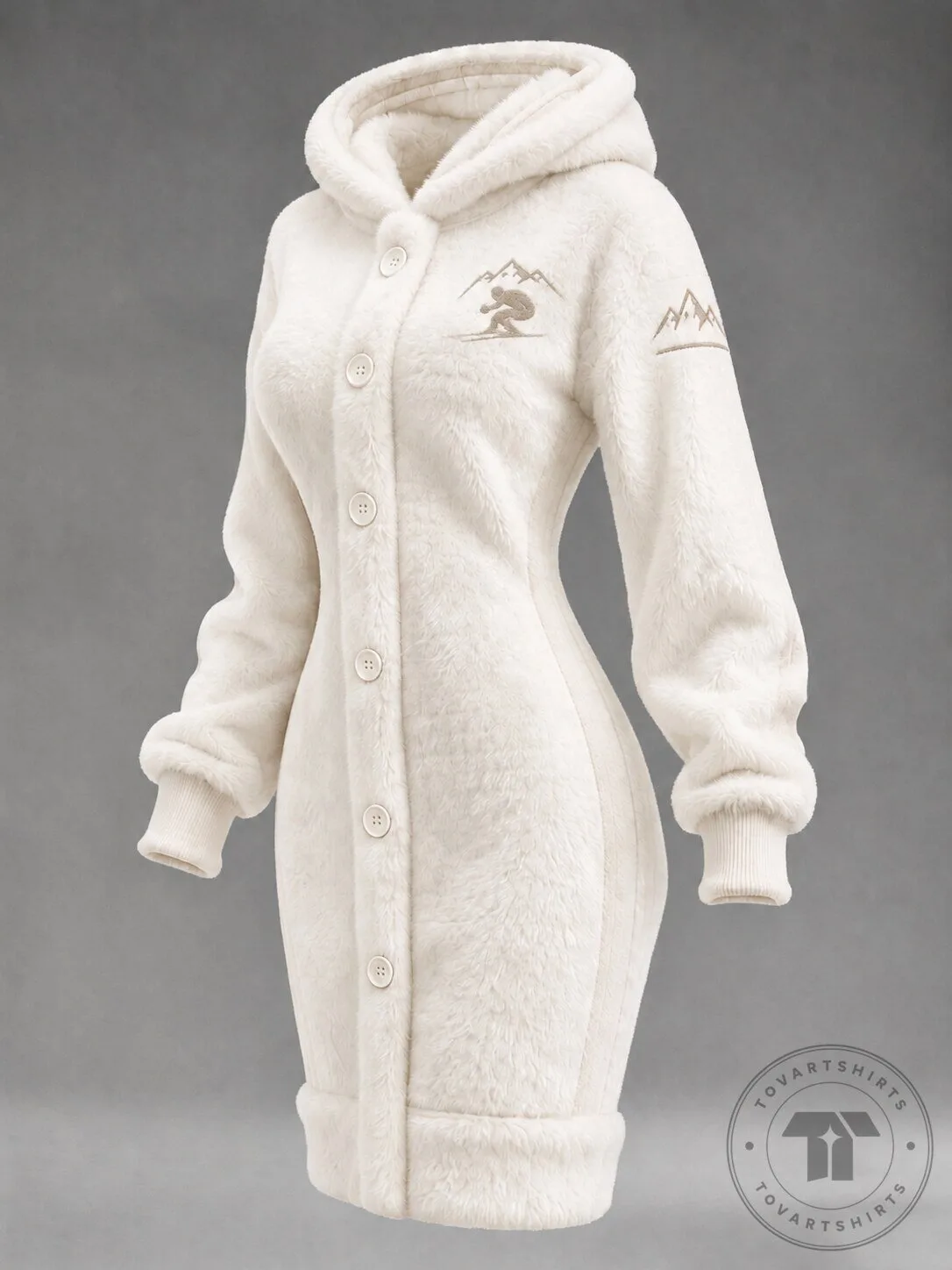 Women's Cozy Hooded Fleece Midi Cardigan Dress with Mountain Skier Design 1 Women's Cozy Hooded Fleece Midi Cardigan Dress with Mountain Skier Design