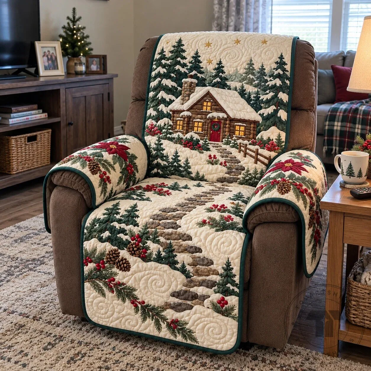 Winter Forest Cabin Quilted Recliner Cover with Poinsettia Trim